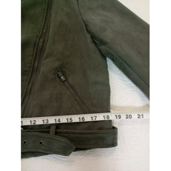 Forever 21 Olive Green Faux Suede Moto Jacket With Zipper Pockets & Belt Size L - Picture 10 of 12